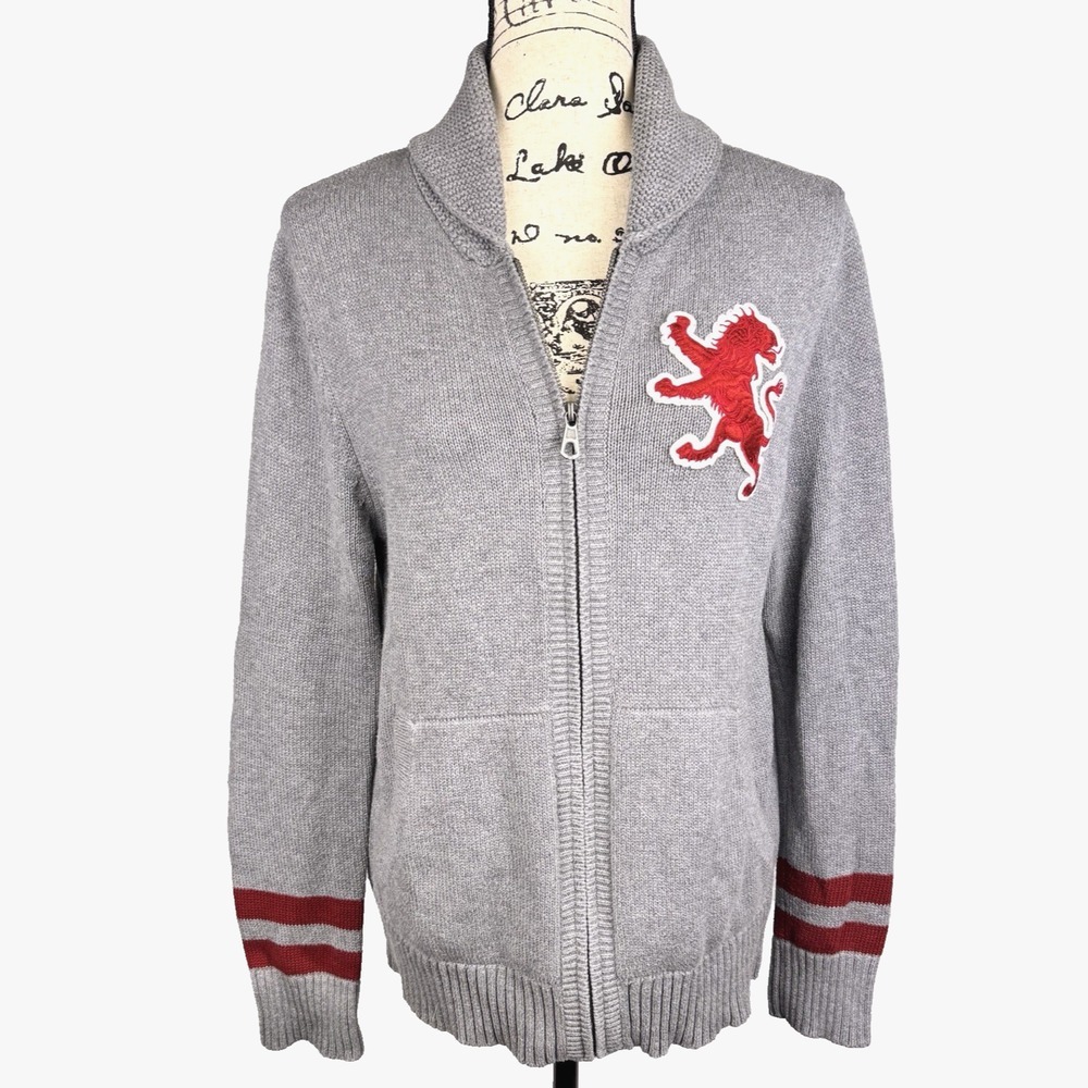 Express Varsity Knit Sweater Sz Medium Gray Full Zip Shawl Collar Large Logo Y2K